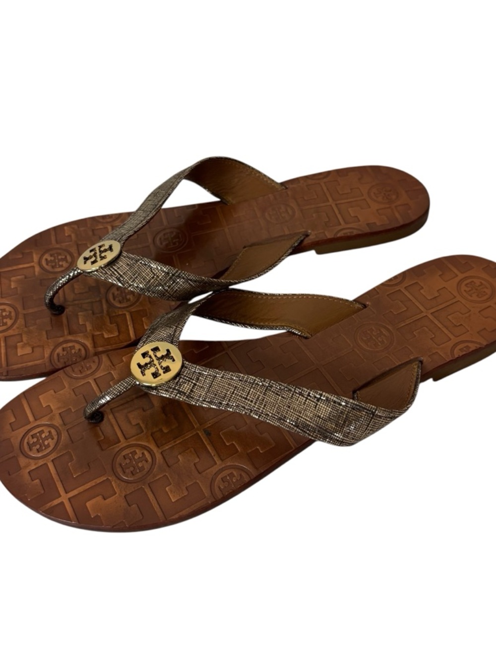 Tory Burch Leather Shimmer Gold Thong Sandals Size 9M.